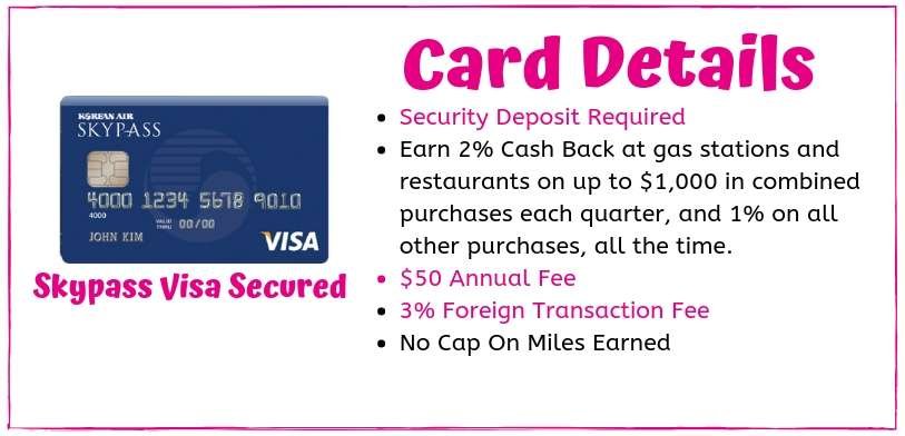 For those with a rough credit historyThe skypass Visa card has the benefits of being able to earn miles even with bad credit And World Wide acceptance due to it being a Visa card. however you do need to wait us against the annual fee and the foreign transaction fee